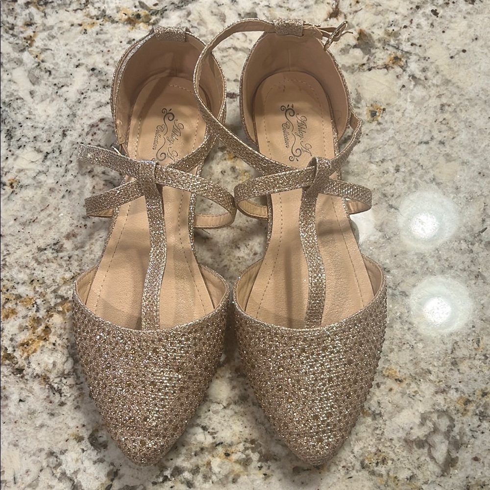 Gold Glittery Sandal Flats with T+ Criss Cross Ankle Strap